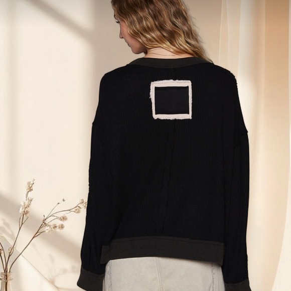 POL Black Boho Peace Sign Patch Sweater | Relaxed Fit Patchwork Top - Picture 5 of 7